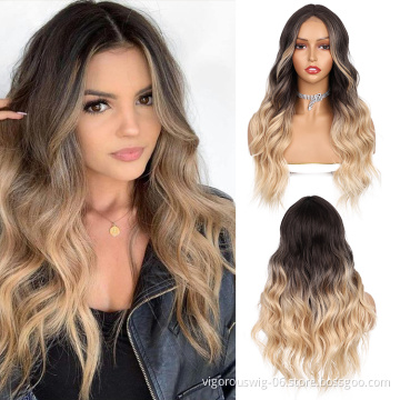 U Part Lace Front Long Wavy Highlight Ombre Blonde Premium Curly Heat Resistant High Quality Wholesale Synthetic Wig Women Use